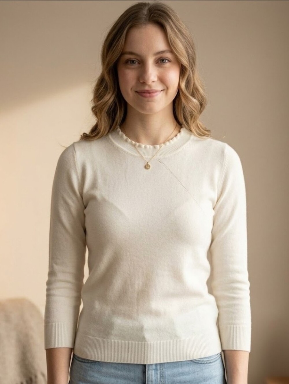 Max Studio White Long Sleeve Ruffle Detail Sweater Top